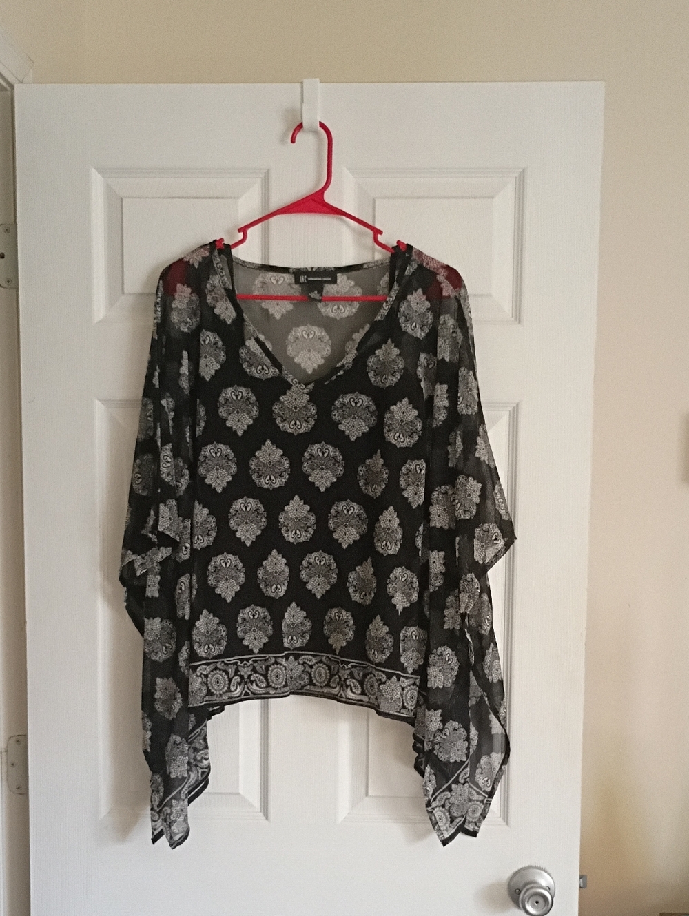 Inc.  Sheer Black Boho V-Neck Tunic with White Paisley Print